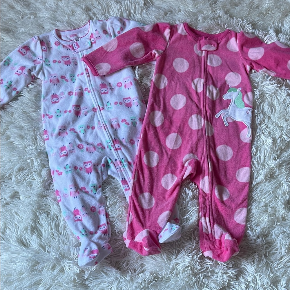 Carter's Pink Polka Dot & White Owl Fleece One-Piece Footies